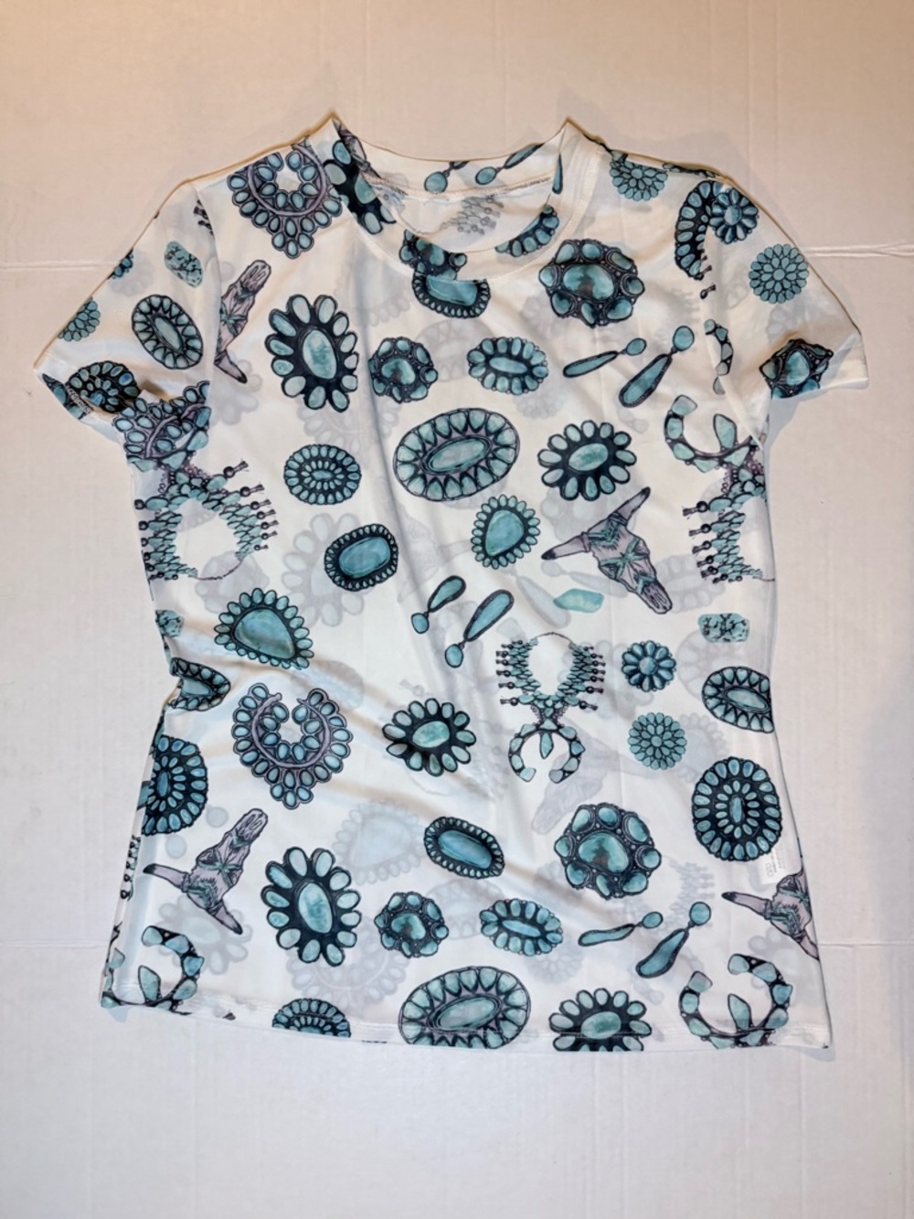 Source Unknown White Short-Sleeve mesh Tee with Teal Gemstone western Print - Picture 3 of 3